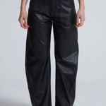 Black vegan leather wide-leg barrel trousers with high rise and patch pockets