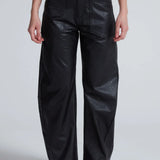 Black vegan leather wide-leg barrel trousers with high rise and patch pockets