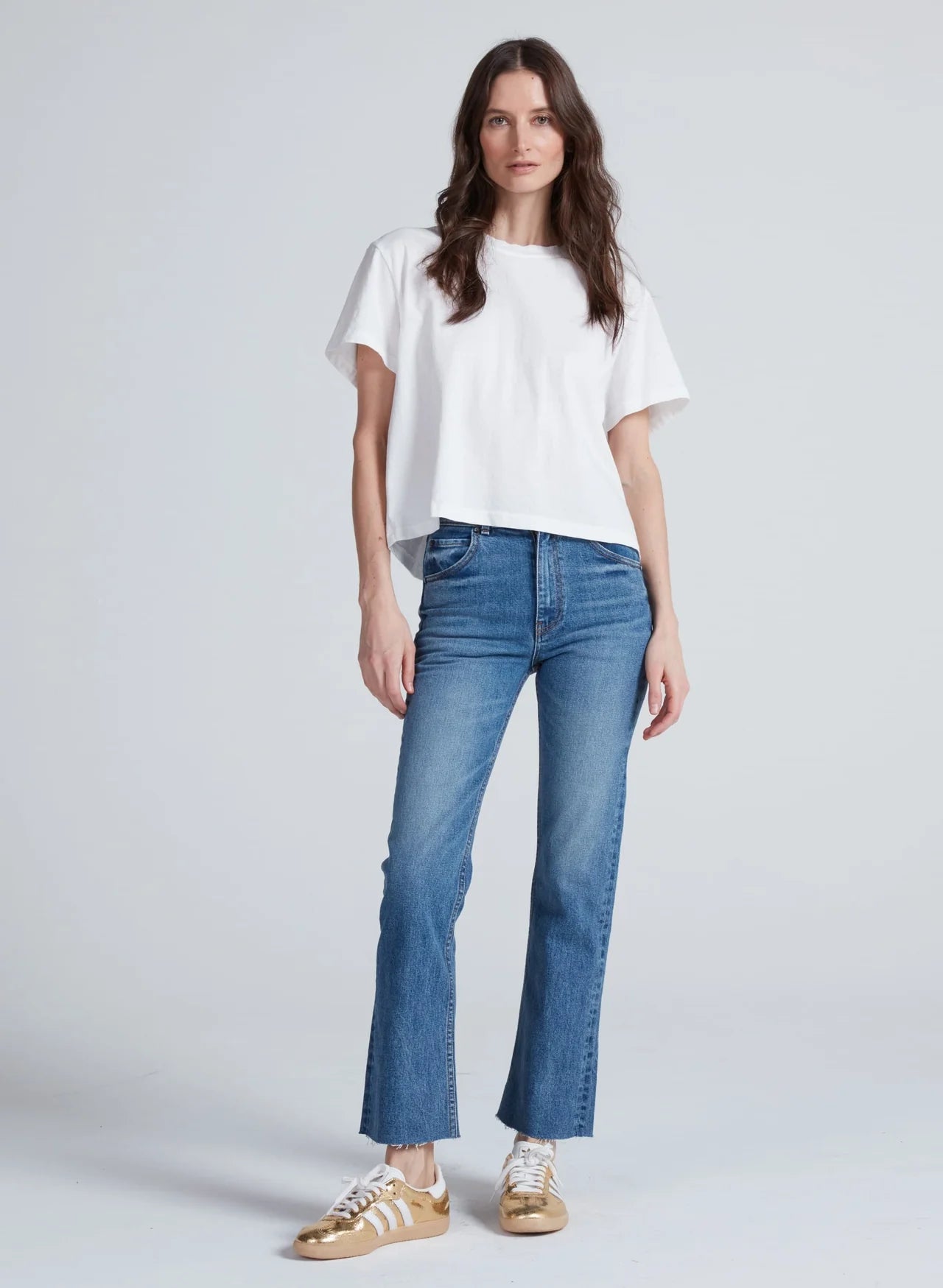 ASKK NY Split Boot Phoenix medium blue wash cropped flare jeans with raw hem