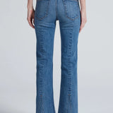 ASKK NY Split Boot Phoenix Jeans in medium blue denim, back view with raw hem slits