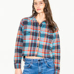 Cropped flannel plaid shirt in blue, red, and navy with button front