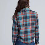 Cropped plaid flannel shirt in teal, navy, and orange shown from the back