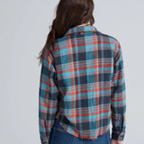 Cropped plaid flannel shirt in teal, navy, and orange shown from the back