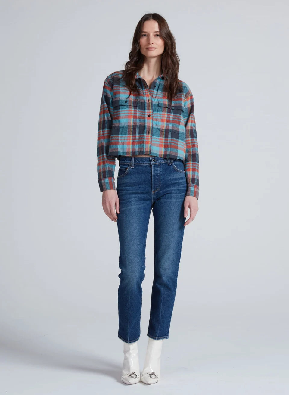 Cropped plaid flannel shirt in blue orange and charcoal with chest flap pockets