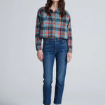 Cropped plaid flannel shirt in blue orange and charcoal with chest flap pockets