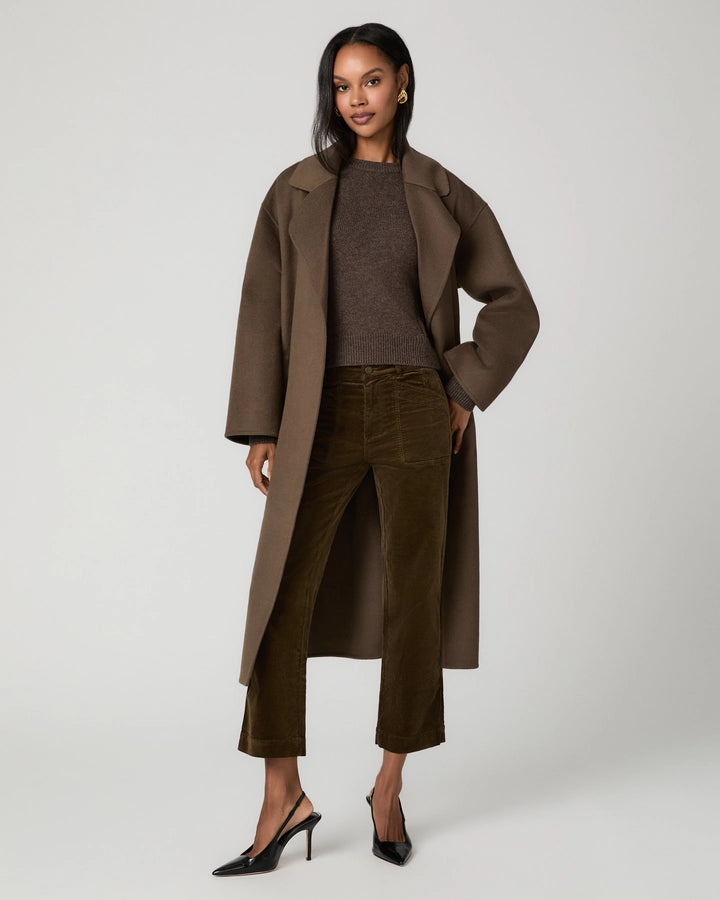 Dark olive green corduroy ankle pants with wide straight leg and patch pockets