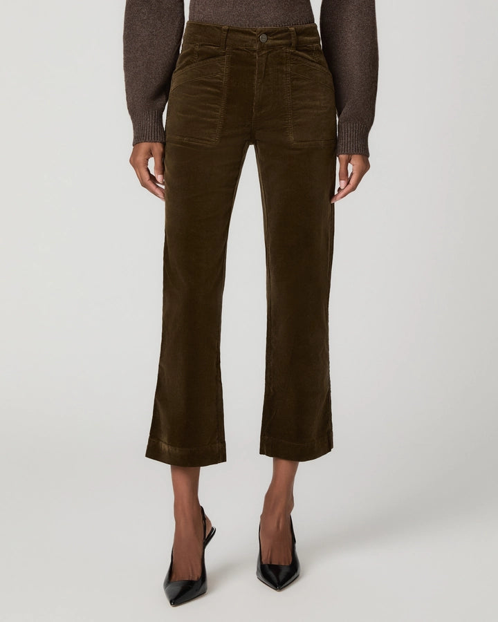 Paige Quincy olive green corduroy cropped flare ankle pants with patch pockets