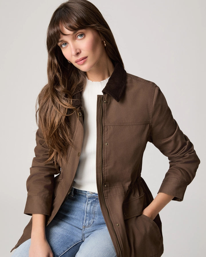Women's brown cotton twill barn jacket with corduroy collar and zip front