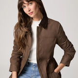 Women's brown cotton twill barn jacket with corduroy collar and zip front