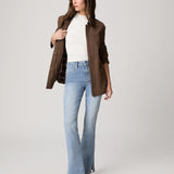 Paige Horizon Jacket in dark brown utility style with flannel lining, worn open