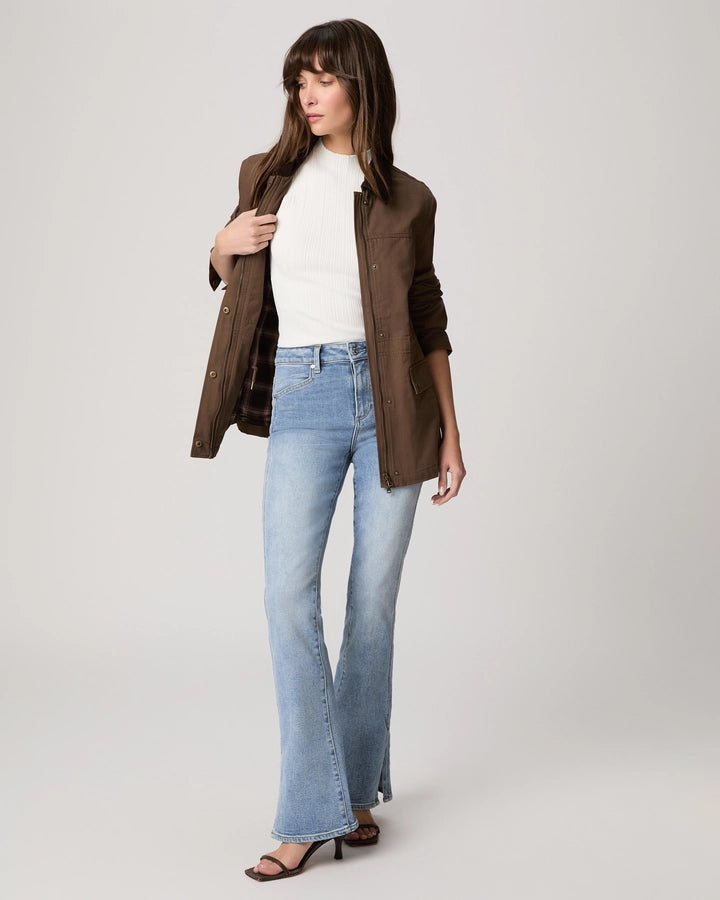 Paige Horizon Jacket in dark brown utility style with flannel lining, worn open