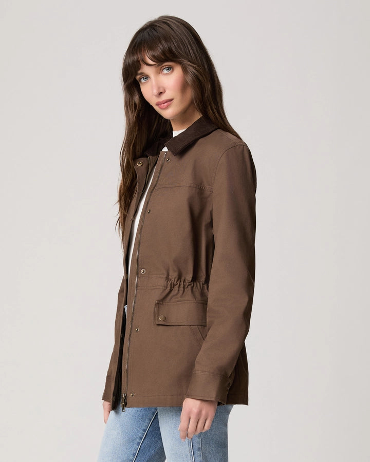 Paige Horizon Jacket in olive brown canvas with corduroy collar and zip front