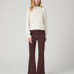 Dark burgundy cropped flare jeans with slim hip and soft flare hem