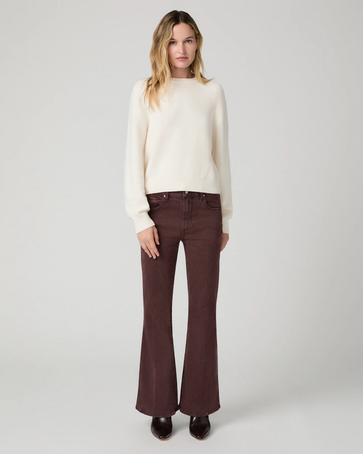 Dark burgundy cropped flare jeans with slim hip and soft flare hem