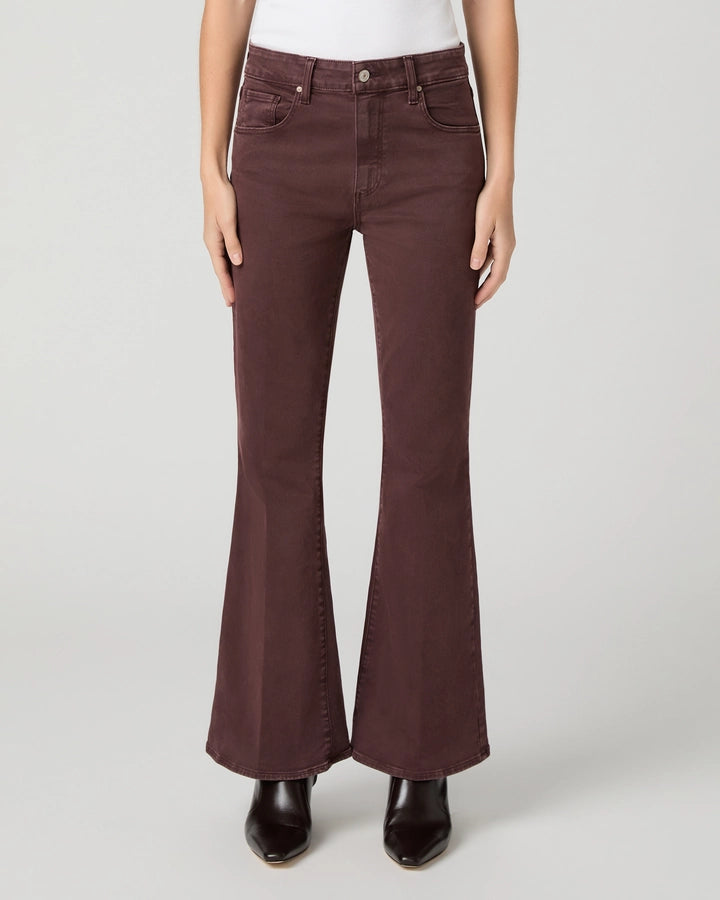 Paige Marlow flare jeans in deep mulberry burgundy with five-pocket styling