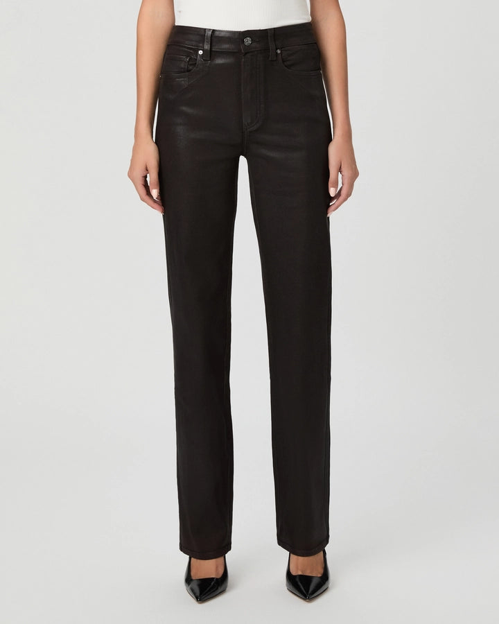Paige Stevie Straight Ankle jeans in black luxe coating finish, high-rise fit
