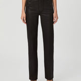 Paige Stevie Straight Ankle jeans in black luxe coating finish, high-rise fit