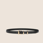 Skinny black leather belt with gold buckle and double keeper loops