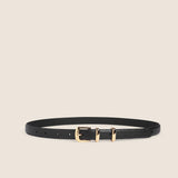 Skinny black leather belt with gold buckle and double keeper loops