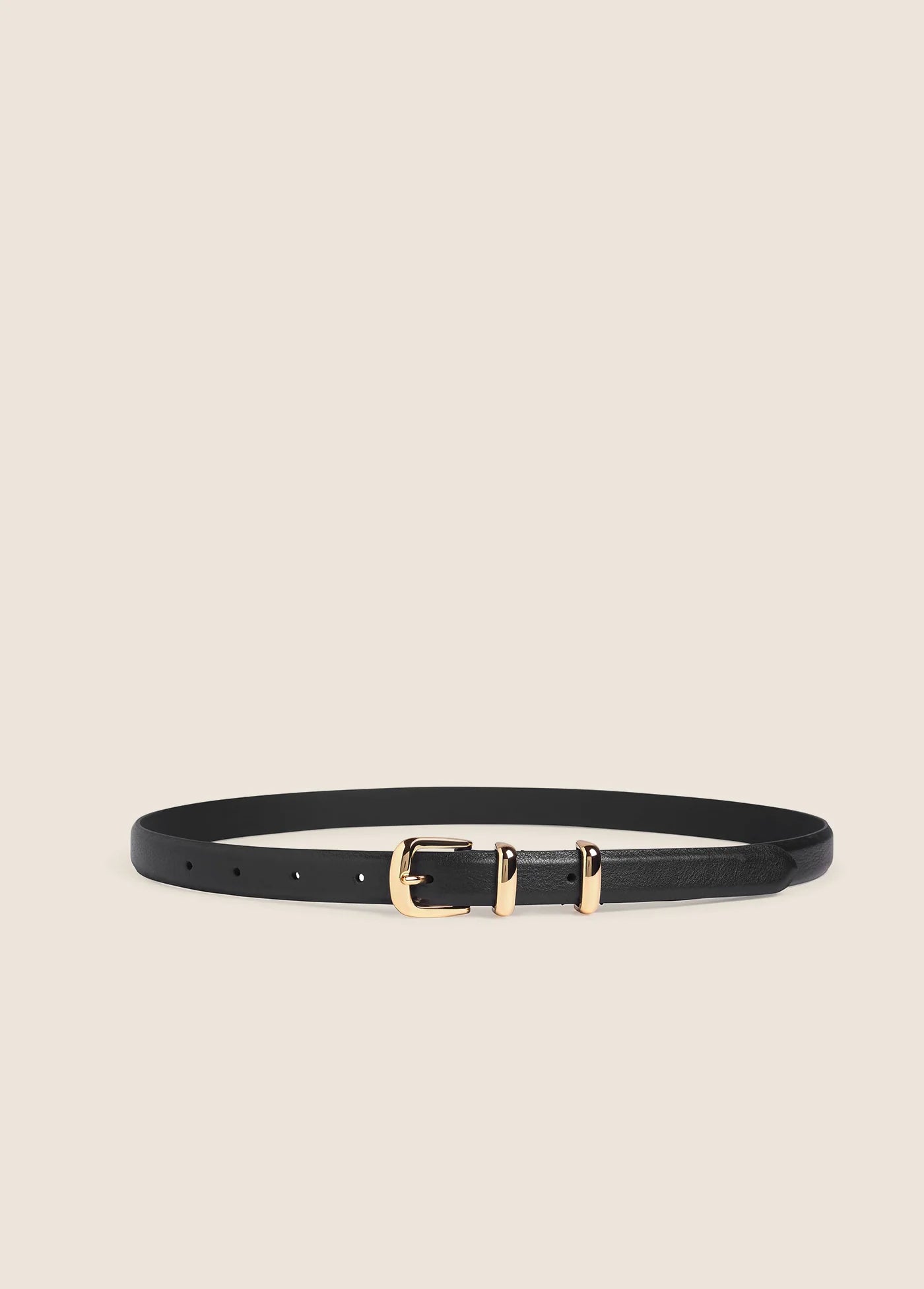 Skinny black leather belt with gold buckle and double keeper loops