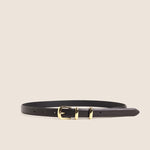 Skinny dark brown leather belt with gold buckle and keeper loop