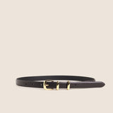 Skinny dark brown leather belt with gold buckle and keeper loop