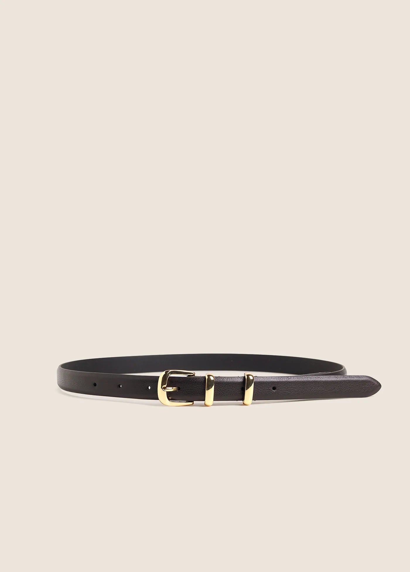 Skinny dark brown leather belt with gold buckle and keeper loop