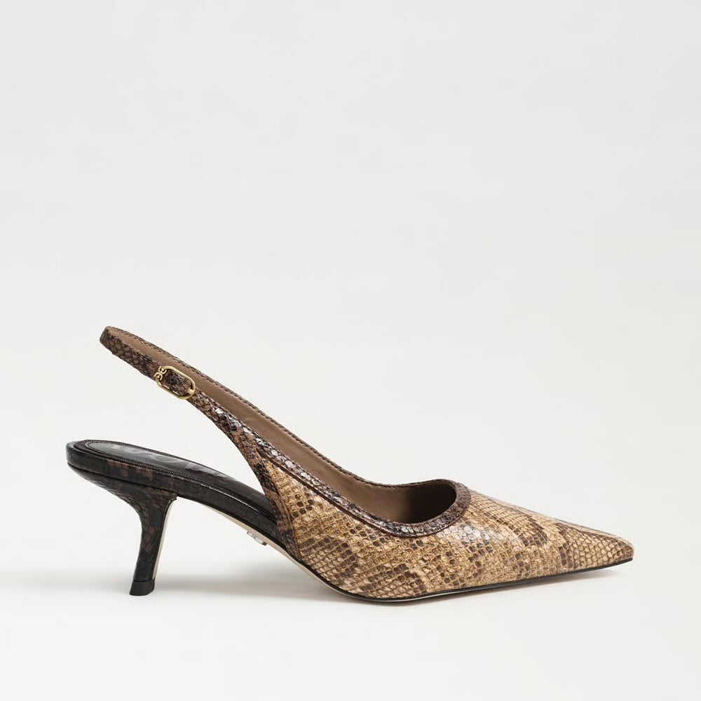 Sam Edelman Bianka tan brown snakeskin pointed-toe slingback kitten heel pump