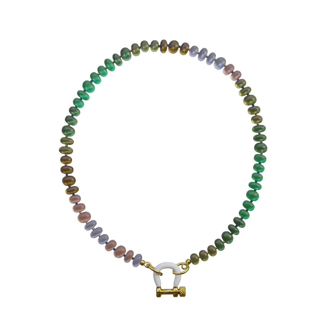 Multicolor moonstone beaded necklace with gold and white enamel carabiner clasp