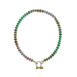 Multicolor moonstone beaded necklace with gold and white enamel carabiner clasp
