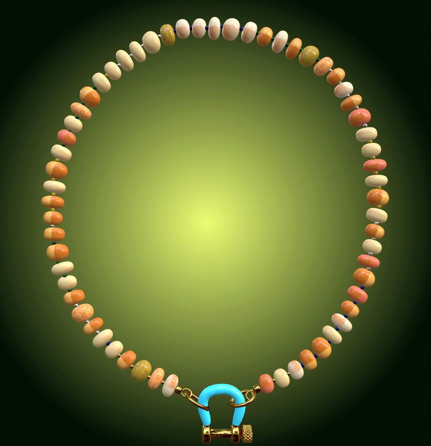 Beaded necklace with orange opal rondelle beads and turquoise gold carabiner clasp