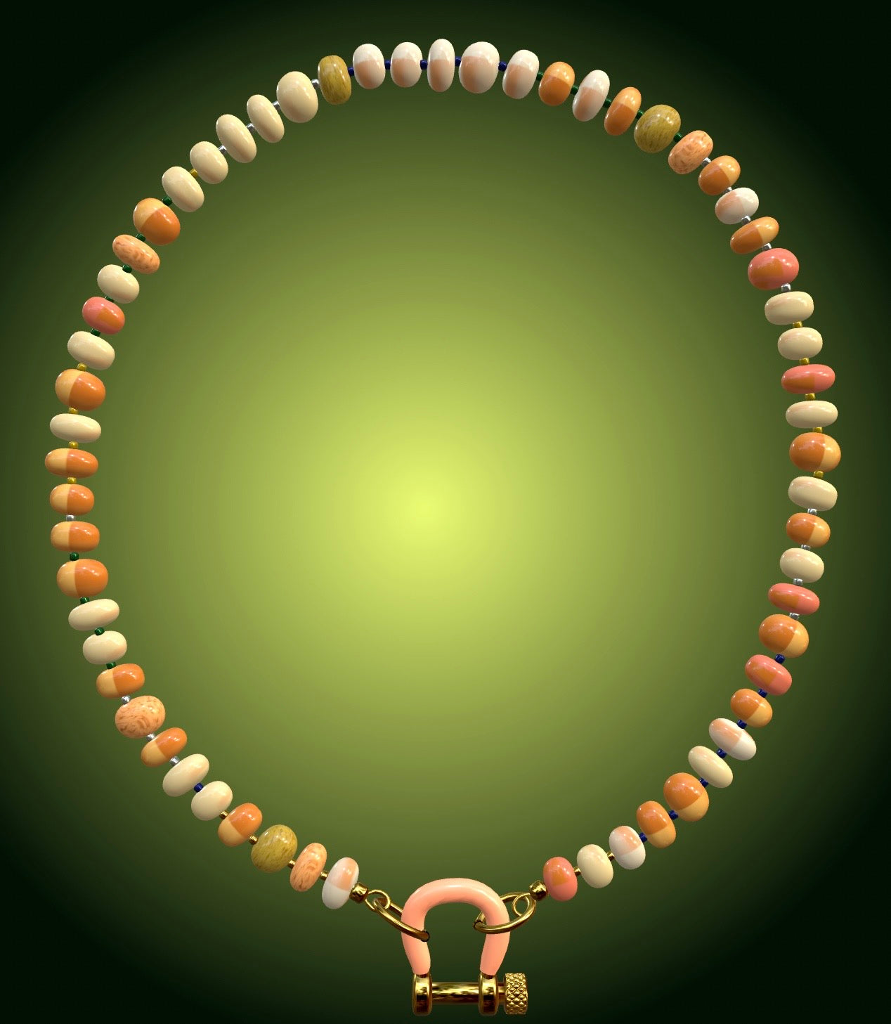 Multicolor opal rondelle bead necklace with pink enamel gold carabiner clasp
