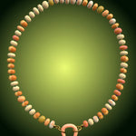 Multicolor opal rondelle bead necklace with pink enamel gold carabiner clasp