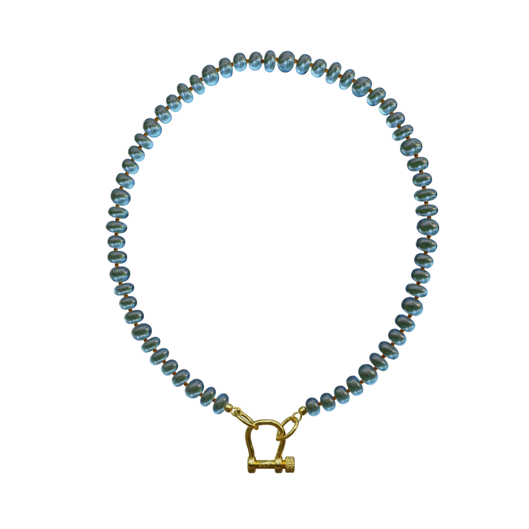 Blue opalite bead necklace with gold carabiner clasp and orange spacer beads
