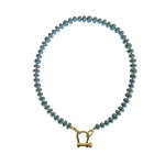 Blue opalite bead necklace with gold carabiner clasp and orange spacer beads