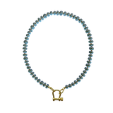 Blue opalite bead necklace with gold carabiner clasp and orange spacer beads