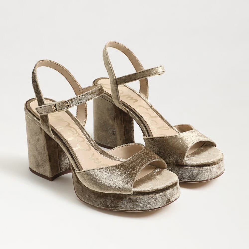 Sam Edelman Fleur champagne velvet platform block heel sandals with ankle strap