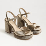 Sam Edelman Fleur champagne velvet platform block heel sandals with ankle strap
