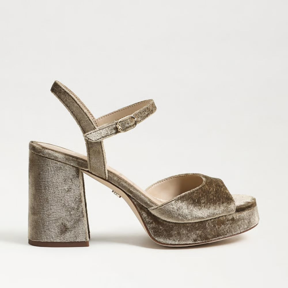 Sam Edelman Fleur olive velvet platform block heel sandal with ankle strap