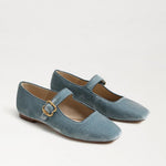 Blue velvet Mary Jane flats with gold buckle strap and square toe