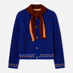 Electric blue fair isle knit cardigan with brown scarf tie and button front