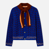 Electric blue fair isle knit cardigan with brown scarf tie and button front
