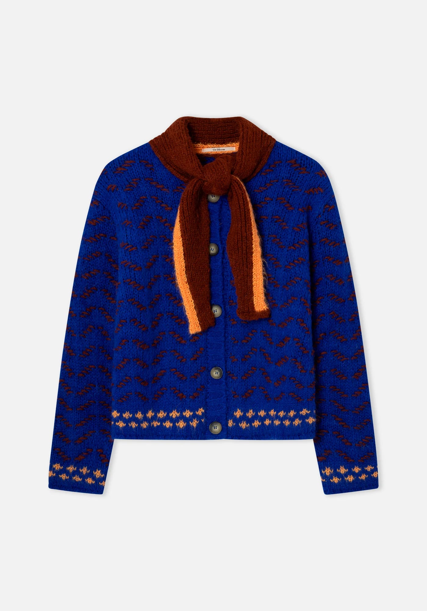 Electric blue fair isle knit cardigan with brown scarf tie and button front