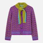 Dr Bloom Darling Sweater purple fair isle cardigan with olive scarf collar and teal accents