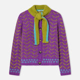Dr Bloom Darling Sweater purple fair isle cardigan with olive scarf collar and teal accents