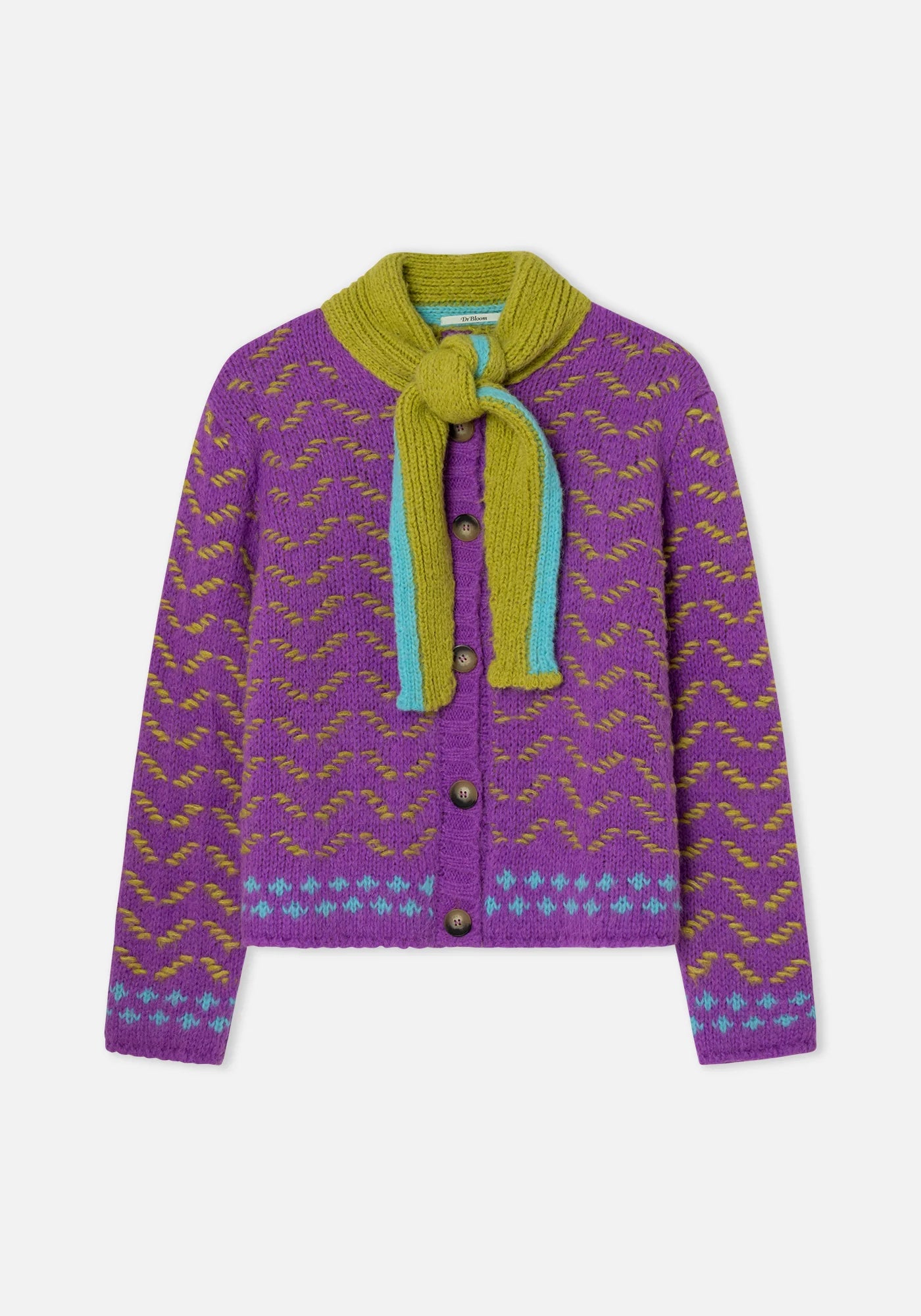Dr Bloom Darling Sweater purple fair isle cardigan with olive scarf collar and teal accents