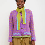 Dr Bloom Darling Sweater in purple with gold chevron pattern and brown buttons