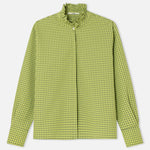 Green yellow gingham check shirt with ruffled collar and long sleeves