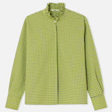 Green yellow gingham check shirt with ruffled collar and long sleeves
