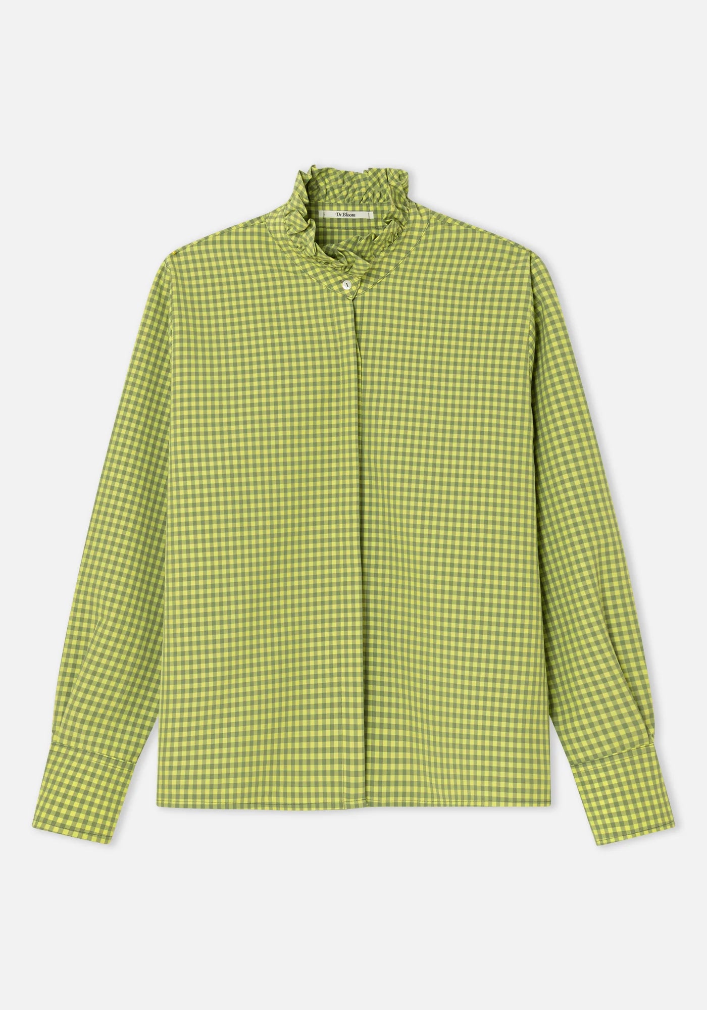 Green yellow gingham check shirt with ruffled collar and long sleeves